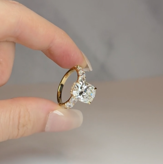 Vivien Cushion Brilliant Cut Engagement Ring with Cushion Brilliant Diamond Band and Wrap Around Hidden Halo