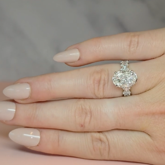 Vivien Oval Brilliant Cut Engagement Ring with Oval Brilliant Diamond Band and Wrap Around Hidden Halo