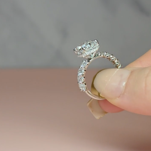 Vivien Oval Brilliant Cut Engagement Ring with Oval Brilliant Diamond Band and Wrap Around Hidden Halo