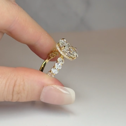 Vivien Oval Brilliant Cut Engagement Ring with Oval Brilliant Diamond Band and Wrap Around Hidden Halo