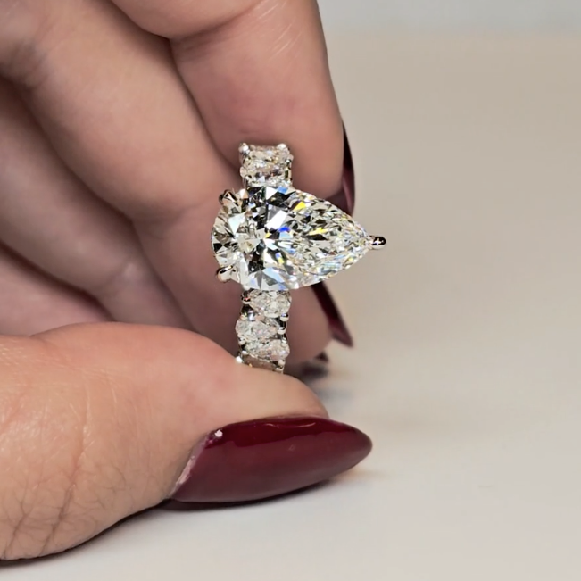 Vivien Pear Brilliant Cut Engagement Ring with Pear Brilliant Diamond Band and Wrap Around Hidden Halo
