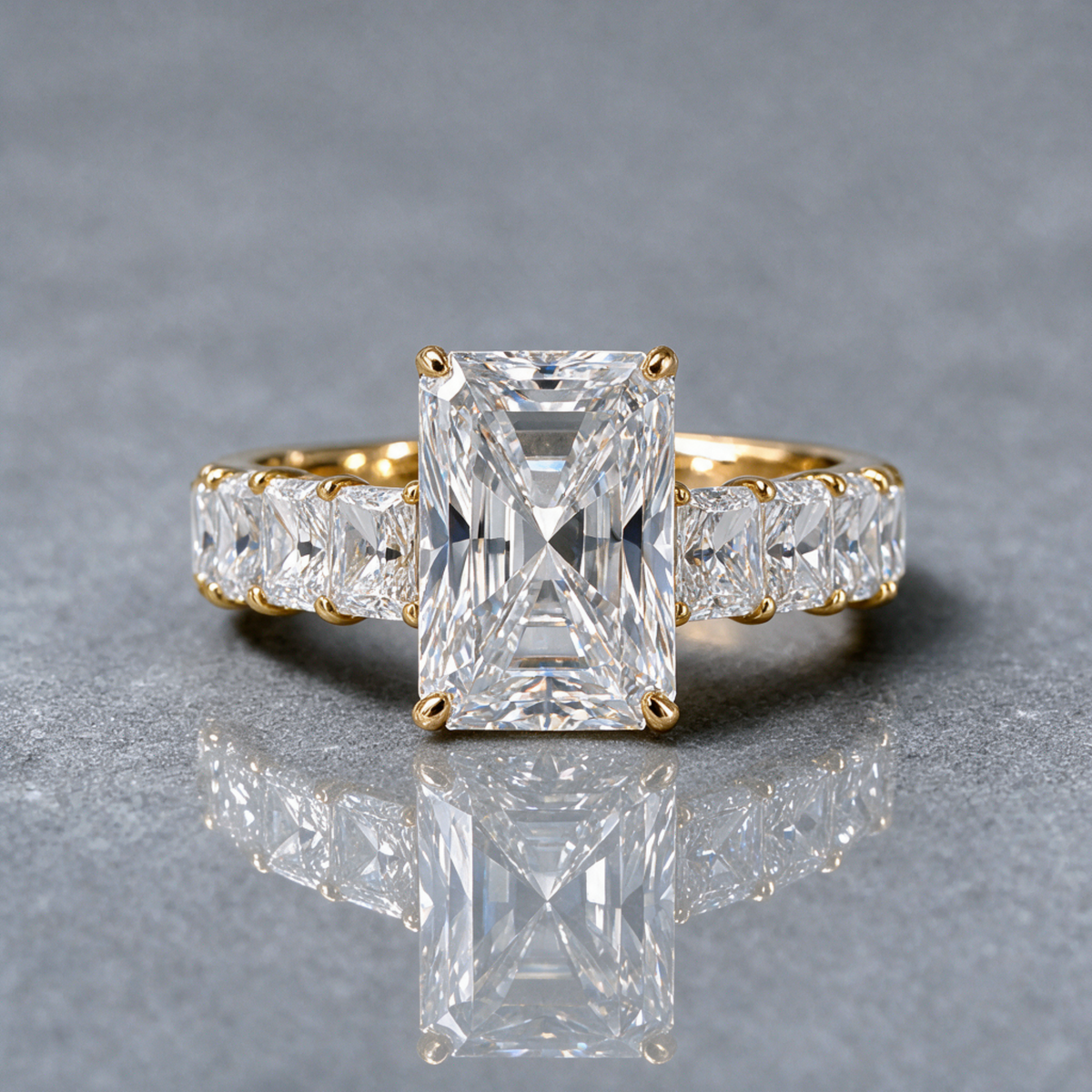 Vivien Radiant Brilliant Cut Engagement Ring with Radiant Brilliant Diamond Band and Wrap Around Hidden Halo