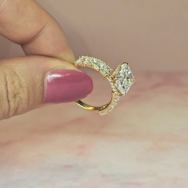 Vivien Radiant Brilliant Cut Engagement Ring with Radiant Brilliant Diamond Band and Wrap Around Hidden Halo