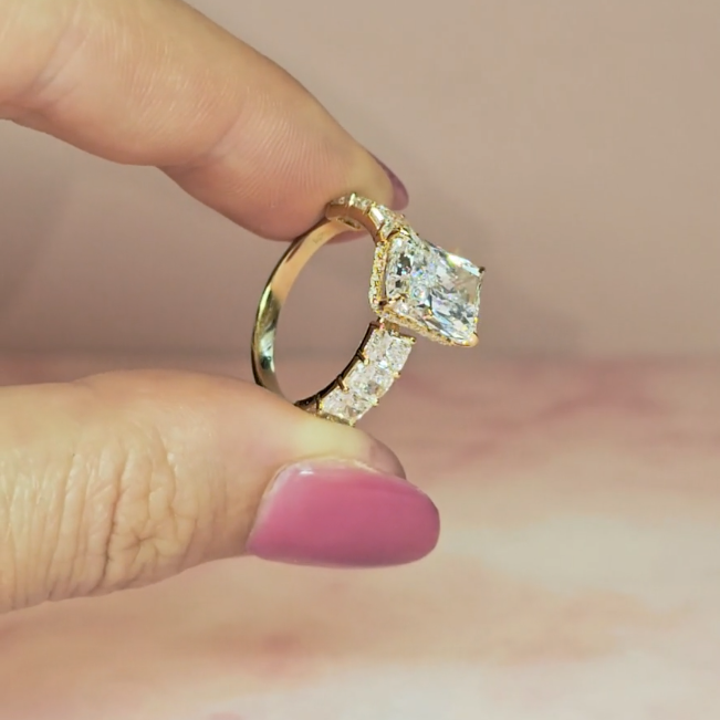Vivien Radiant Brilliant Cut Engagement Ring with Radiant Brilliant Diamond Band and Wrap Around Hidden Halo