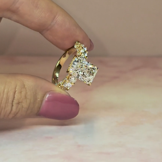 Vivien Radiant Brilliant Cut Engagement Ring with Radiant Brilliant Diamond Band and Wrap Around Hidden Halo