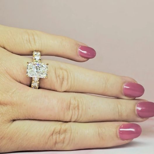 Vivien Radiant Brilliant Cut Engagement Ring with Radiant Brilliant Diamond Band and Wrap Around Hidden Halo