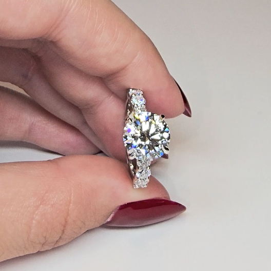 Vivien Round Brilliant Cut Engagement Ring with Round Brilliant Diamond Band and Wrap Around Hidden Halo