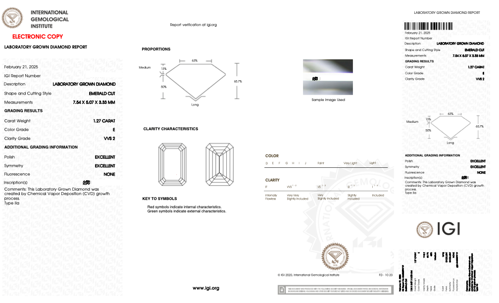 Abigail emerald engagement ring diamond grading report showing measurements, clarity, and color details.