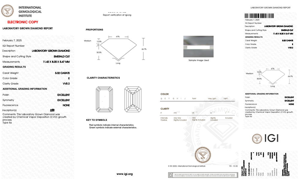 Laboratory Grown Diamond Report for Emerald Cut, 6.02 carats, E color, VS2 clarity, IGI certified.