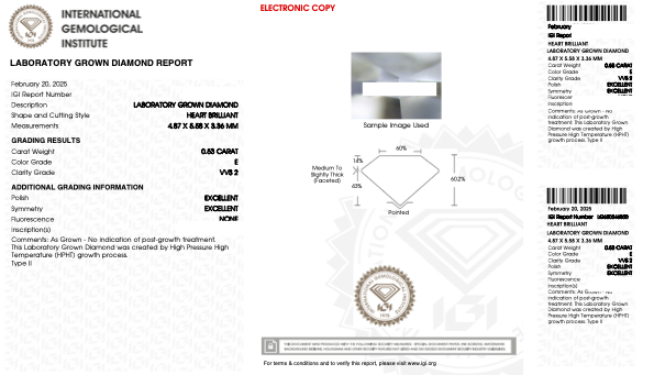 Lab-grown diamond certification report displaying details such as carat weight, color grade, clarity, and cut specifications.