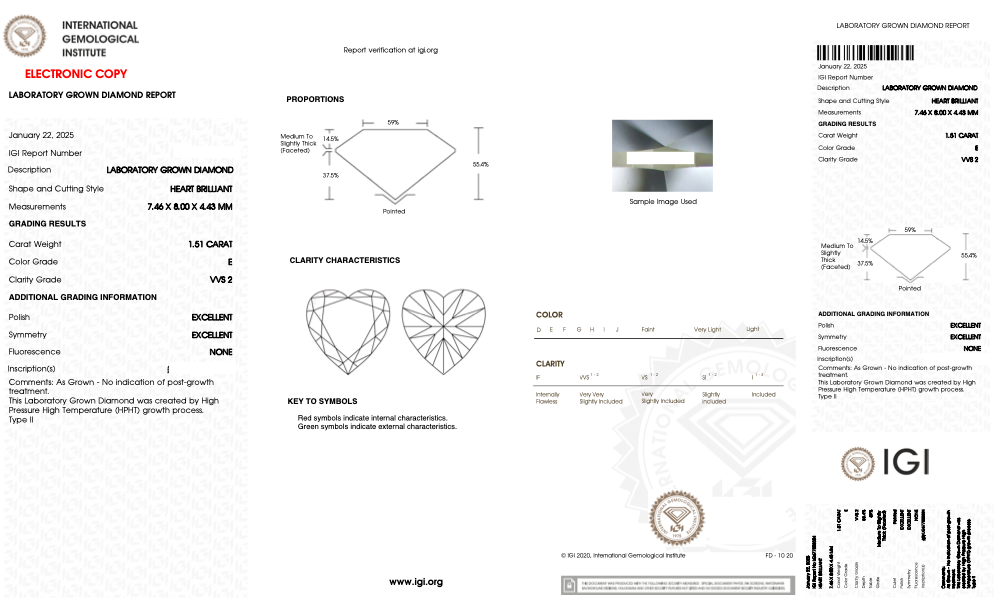 Certificate for heart-shaped lab-grown diamond with grading details.
