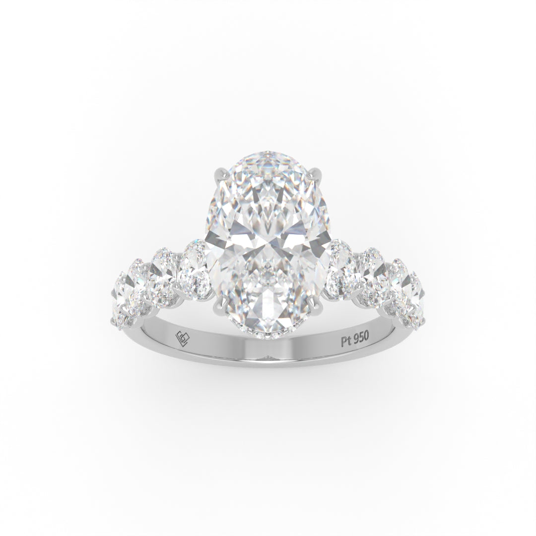 Vivien Oval Brilliant Cut Engagement Ring with Oval Brilliant Diamond Band and Wrap Around Hidden Halo