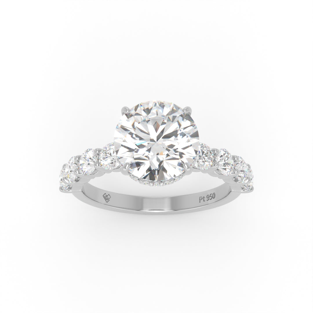 Vivien Round Brilliant Cut Engagement Ring with Round Brilliant Diamond Band and Wrap Around Hidden Halo