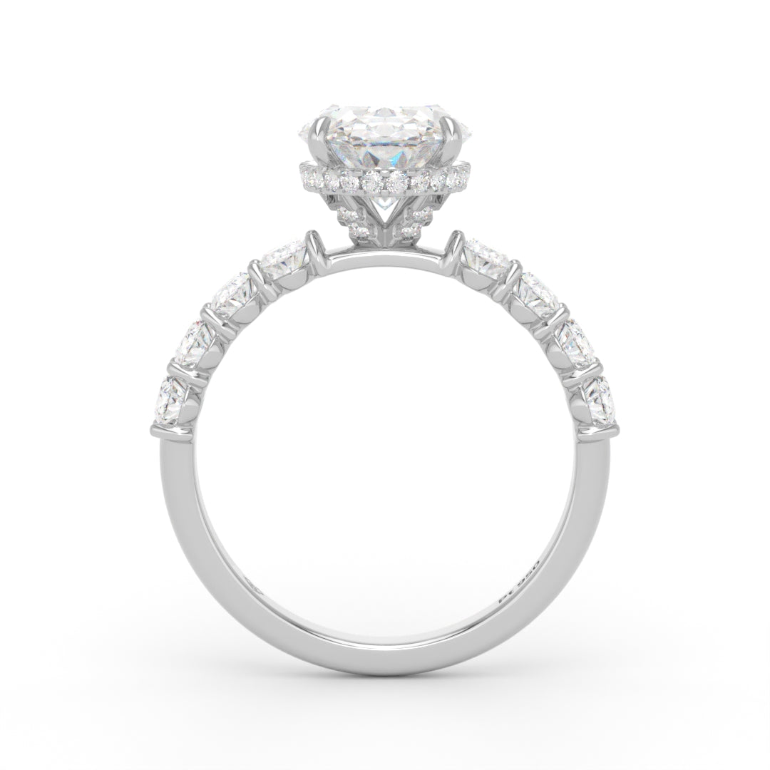 Vivien Oval Brilliant Cut Engagement Ring with Oval Brilliant Diamond Band and Wrap Around Hidden Halo