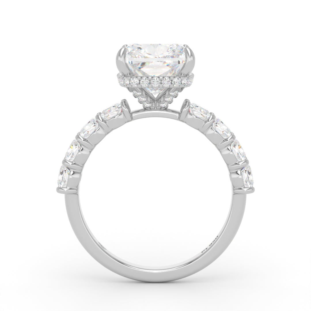 Vivien Cushion Brilliant Cut Engagement Ring with Cushion Brilliant Diamond Band and Wrap Around Hidden Halo