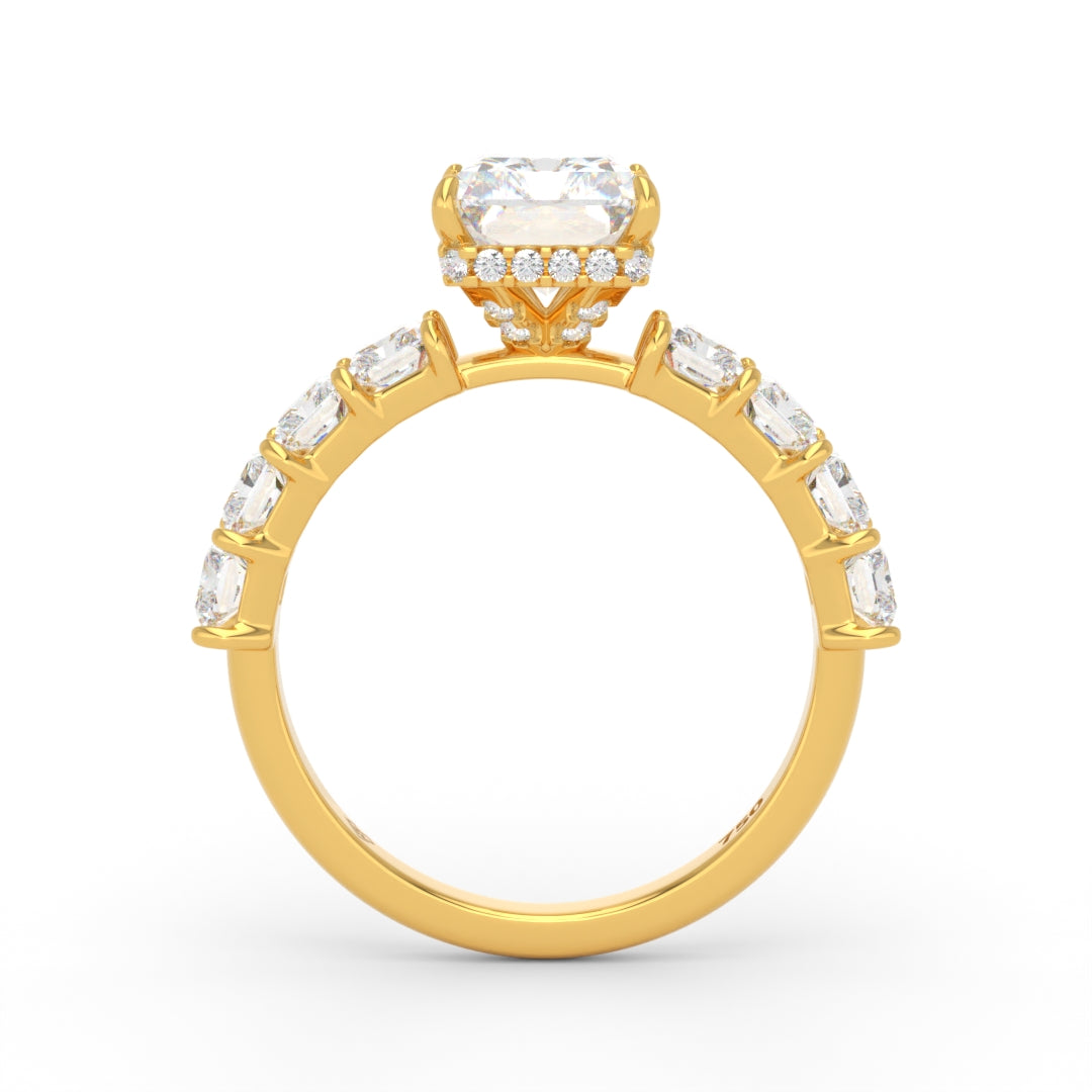 Vivien Radiant Brilliant Cut Engagement Ring with Radiant Brilliant Diamond Band and Wrap Around Hidden Halo