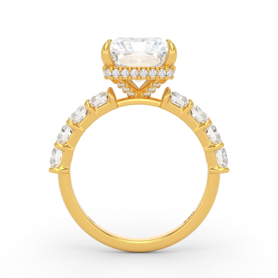 Vivien Radiant Brilliant Cut Engagement Ring with Radiant Brilliant Diamond Band and Wrap Around Hidden Halo