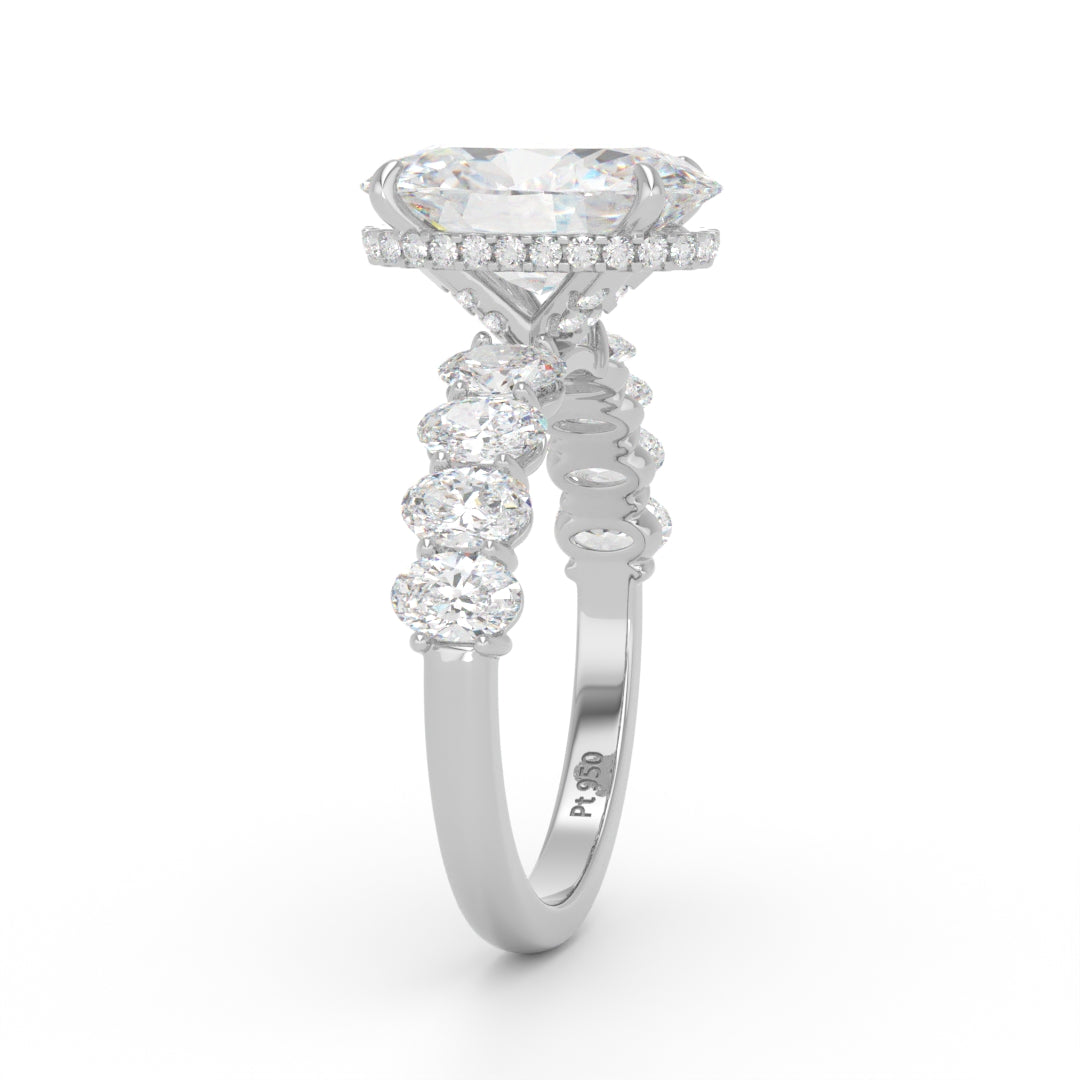 Vivien Oval Brilliant Cut Engagement Ring with Oval Brilliant Diamond Band and Wrap Around Hidden Halo