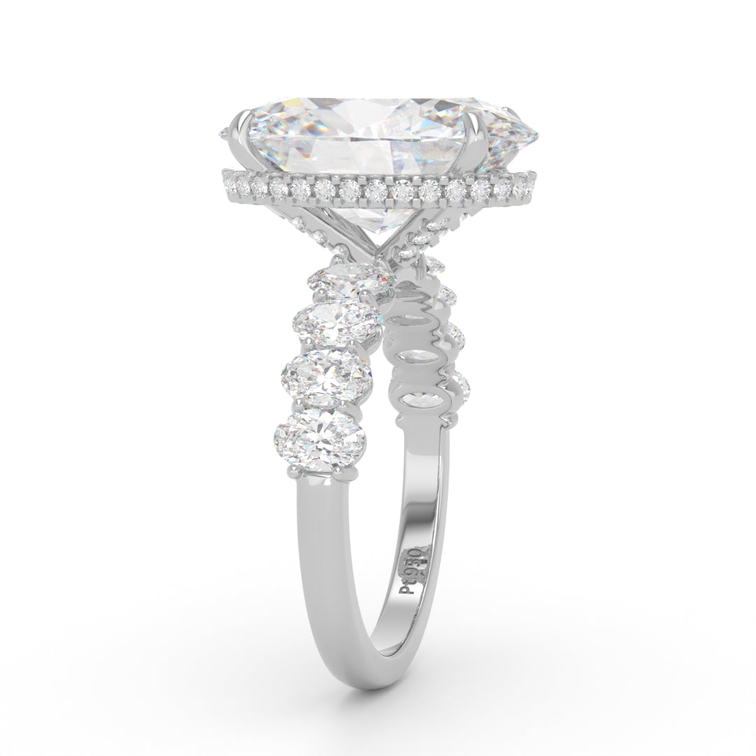 Vivien Oval Brilliant Cut Engagement Ring with Oval Brilliant Diamond Band and Wrap Around Hidden Halo
