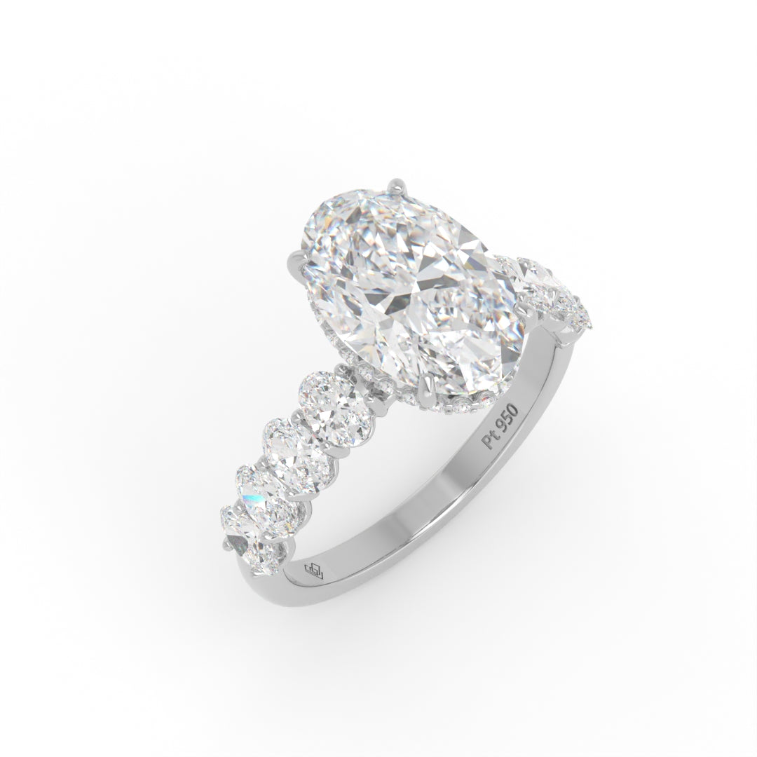 Vivien Oval Brilliant Cut Engagement Ring with Oval Brilliant Diamond Band and Wrap Around Hidden Halo