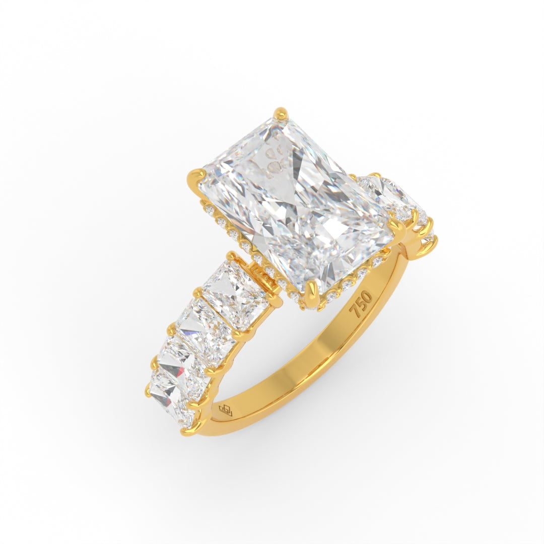 Vivien Radiant Brilliant Cut Engagement Ring with Radiant Brilliant Diamond Band and Wrap Around Hidden Halo