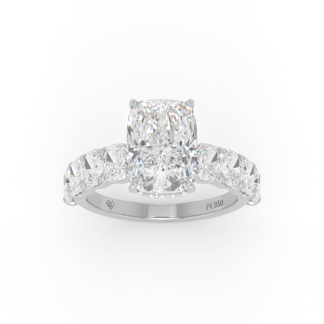 Vivien Cushion Brilliant Cut Engagement Ring with Cushion Brilliant Diamond Band and Wrap Around Hidden Halo