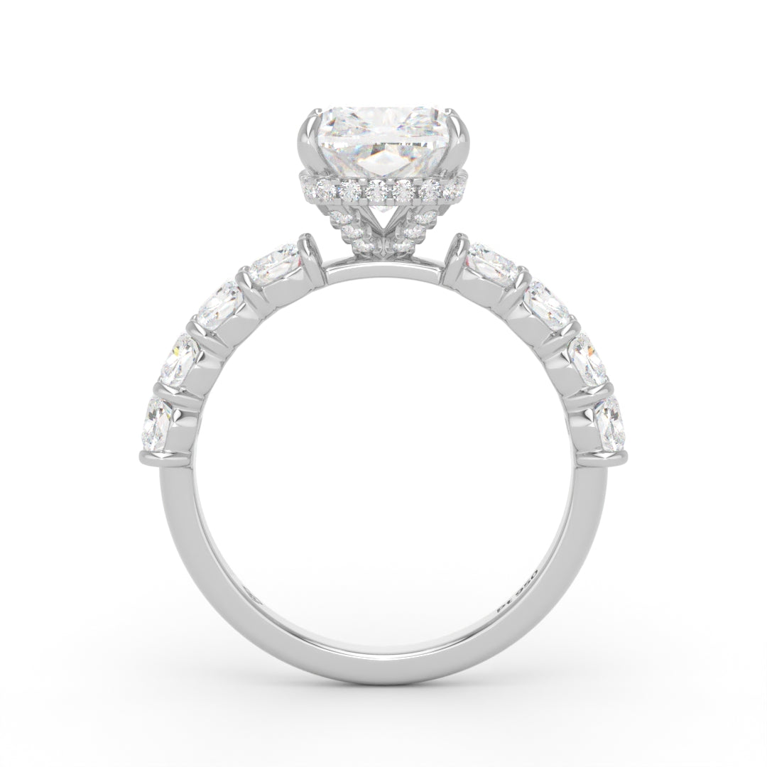 Vivien Cushion Brilliant Cut Engagement Ring with Cushion Brilliant Diamond Band and Wrap Around Hidden Halo