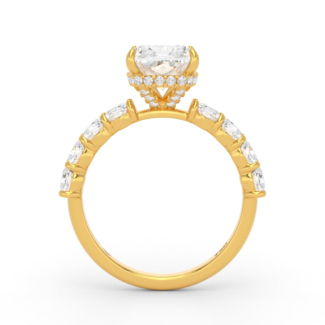 Vivien Cushion Brilliant Cut Engagement Ring with Cushion Brilliant Diamond Band and Wrap Around Hidden Halo