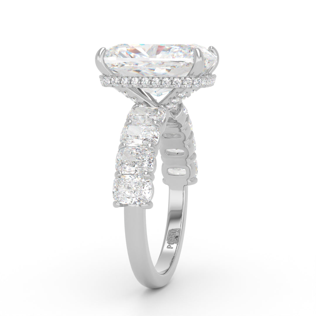 Vivien Cushion Brilliant Cut Engagement Ring with Cushion Brilliant Diamond Band and Wrap Around Hidden Halo