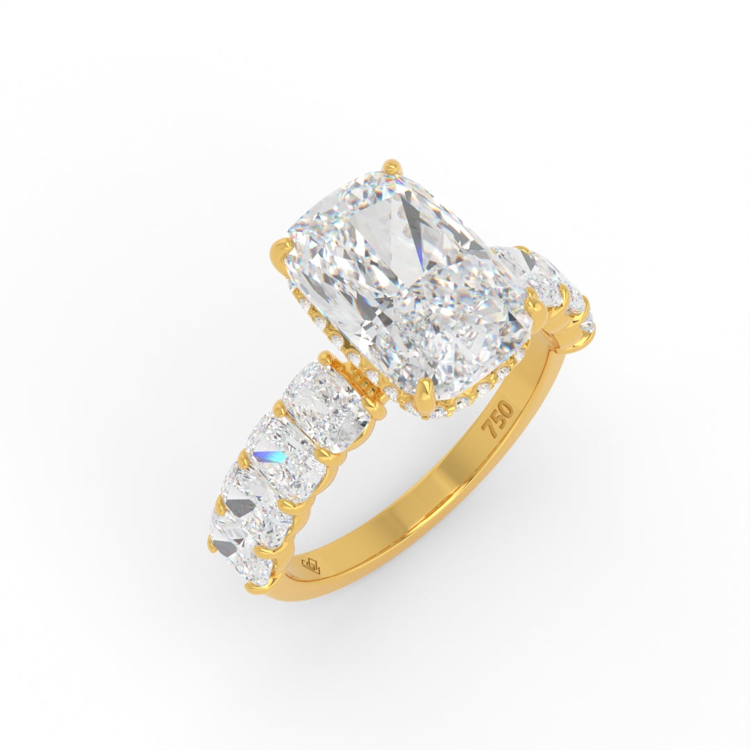 Vivien Cushion Brilliant Cut Engagement Ring with Cushion Brilliant Diamond Band and Wrap Around Hidden Halo