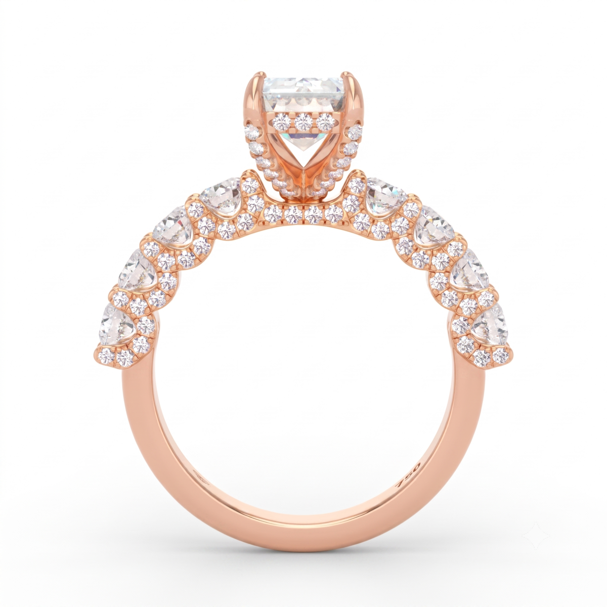 Juliette Emerald Lab-Grown Diamond Engagement Ring featuring a Half-Set Diamond Band, Hidden Halo, and Pavé U-Shaped Prong Setting