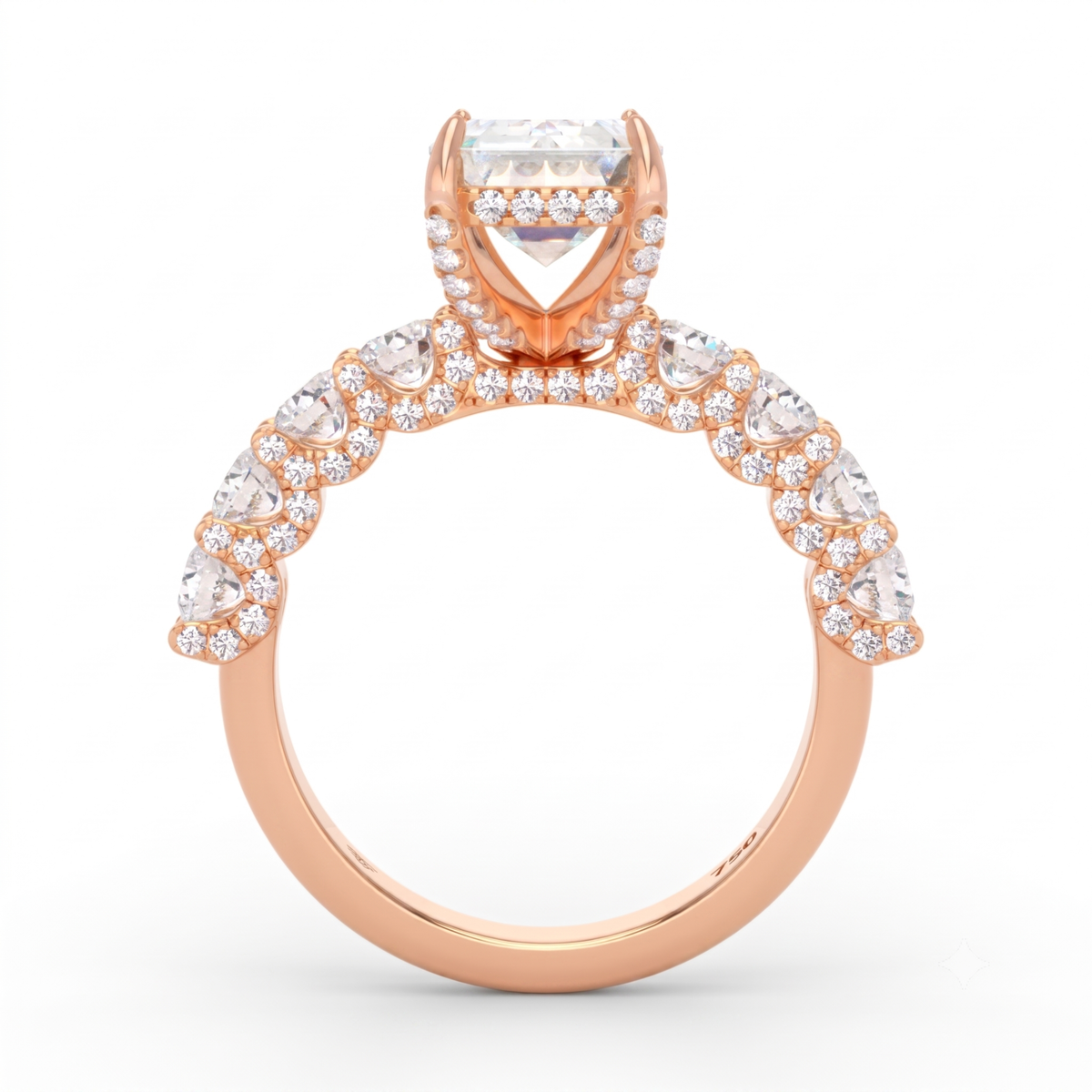Juliette Emerald Lab-Grown Diamond Engagement Ring featuring a Half-Set Diamond Band, Hidden Halo, and Pavé U-Shaped Prong Setting