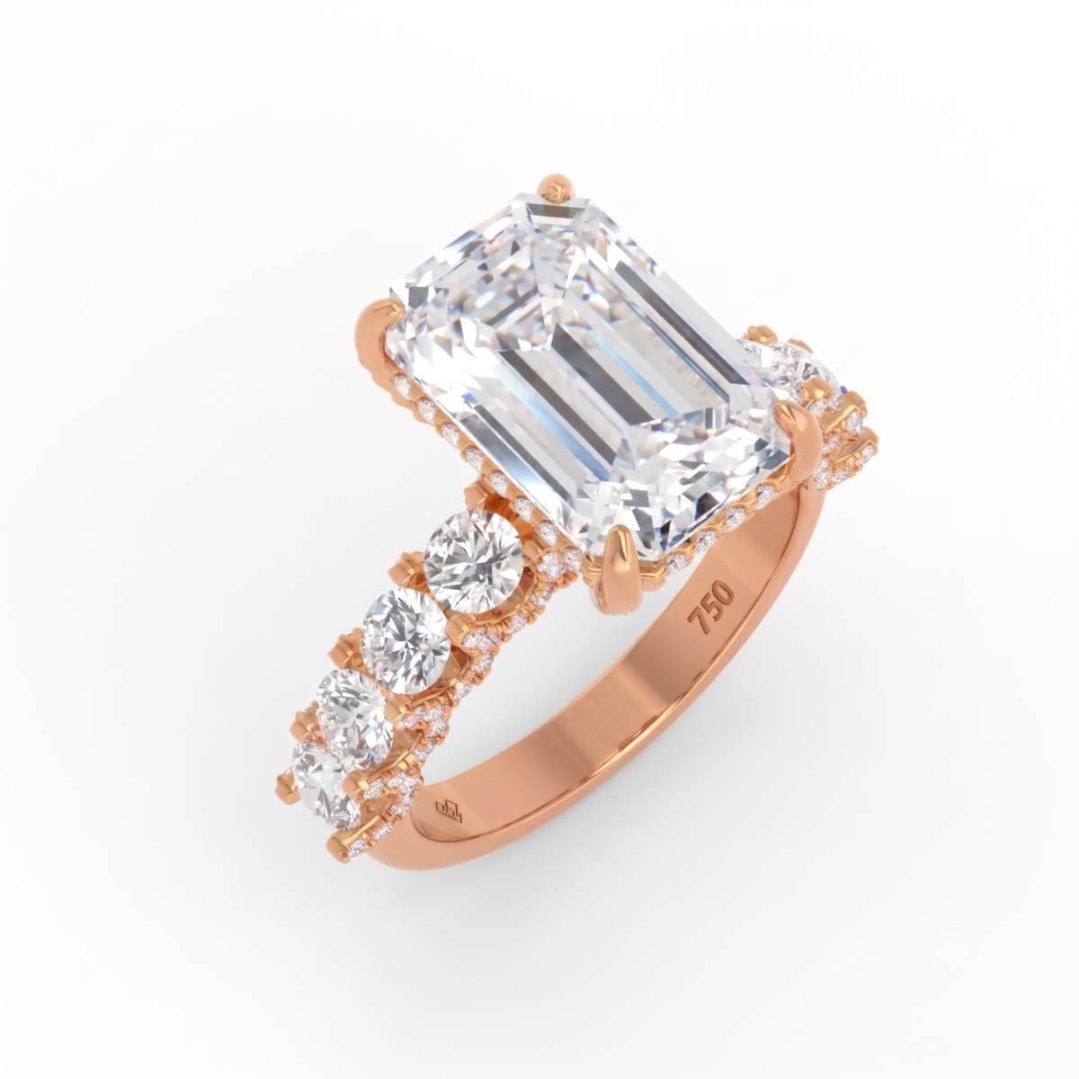 Juliette Emerald Lab-Grown Diamond Engagement Ring featuring a Half-Set Diamond Band, Hidden Halo, and Pavé U-Shaped Prong Setting