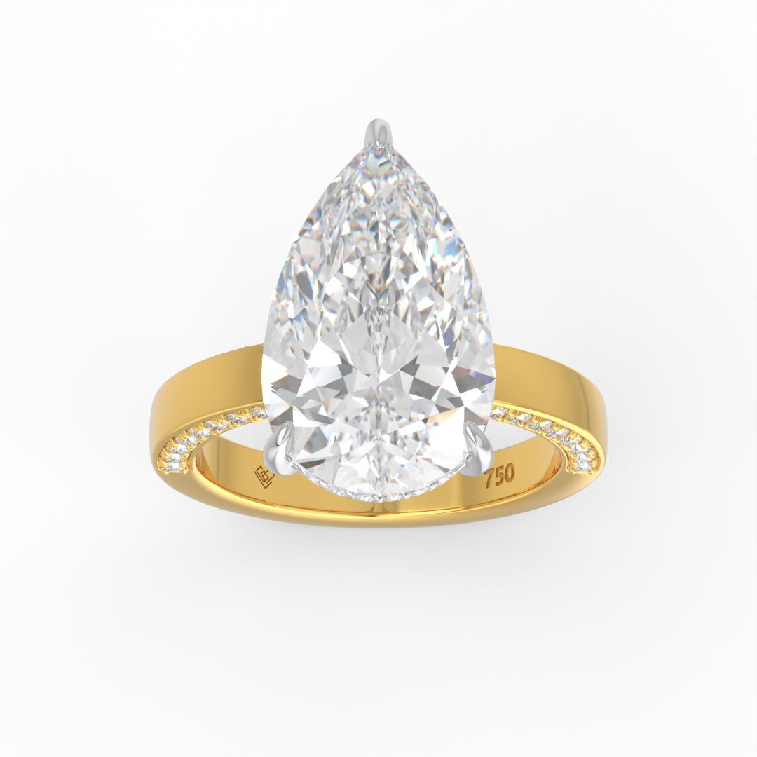 Celeste Pear cut Lab Diamond with Cigar band and half set Diamond sides & hidden halo