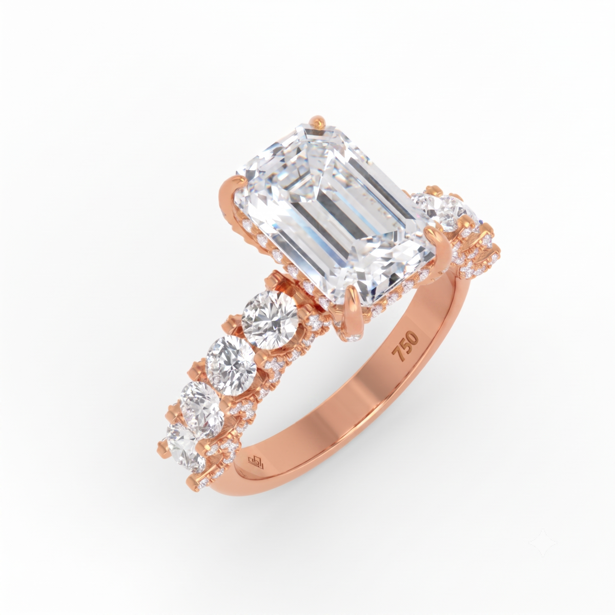 Juliette Emerald Lab-Grown Diamond Engagement Ring featuring a Half-Set Diamond Band, Hidden Halo, and Pavé U-Shaped Prong Setting
