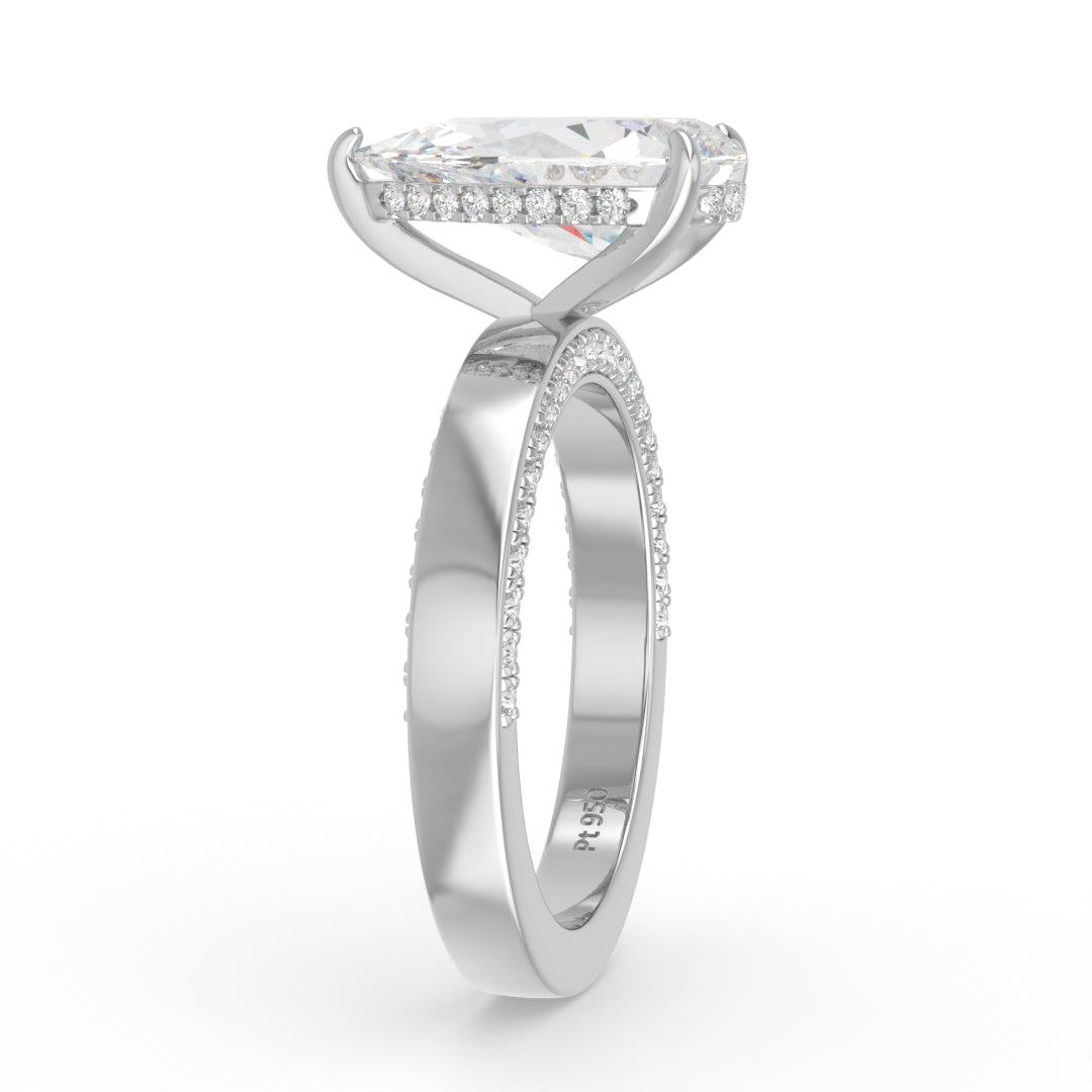 Celeste Pear cut Lab Diamond with Cigar band and half set Diamond sides & hidden halo