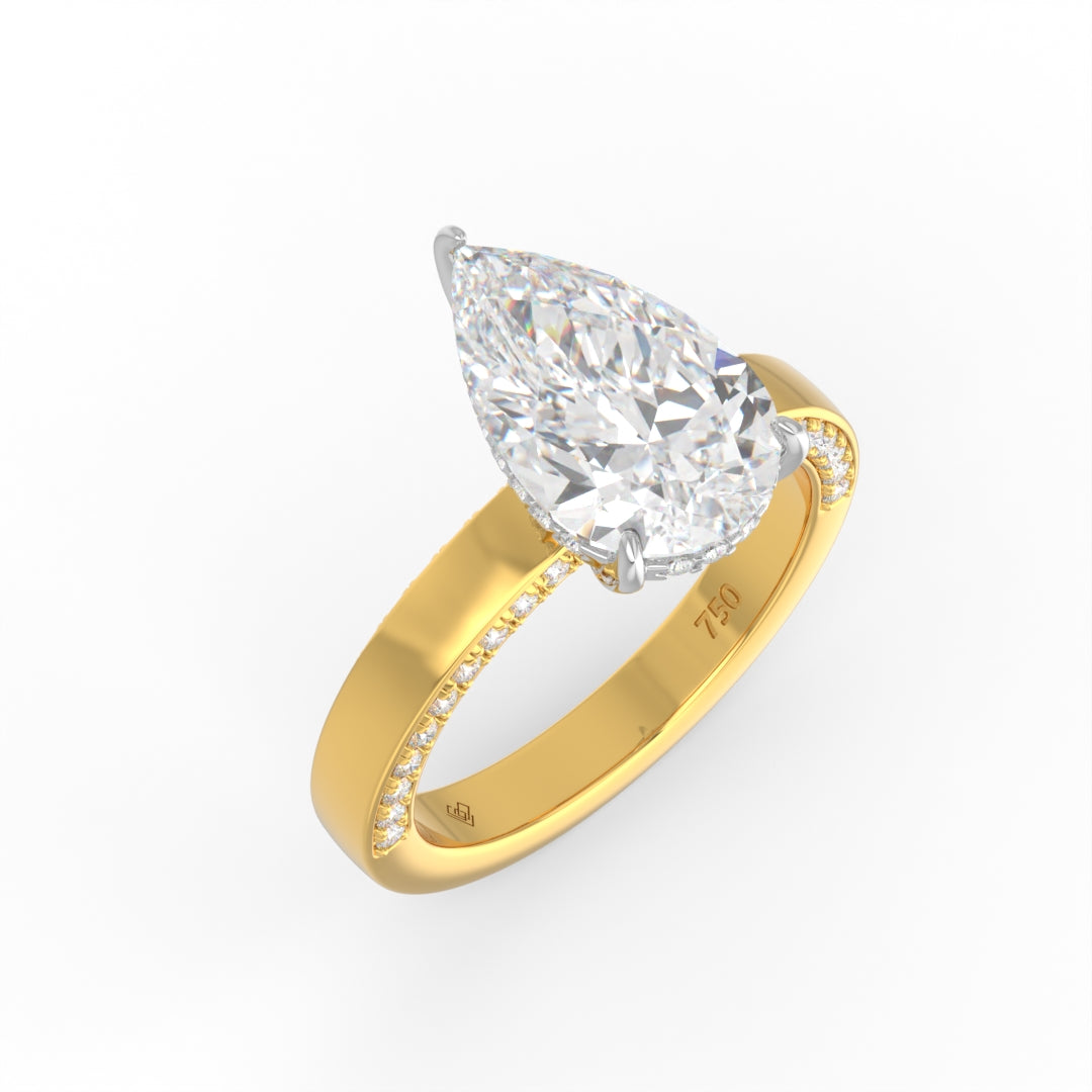 Celeste Pear cut Lab Diamond with Cigar band and half set Diamond sides & hidden halo