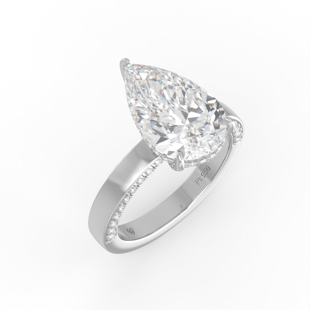 Celeste Pear cut Lab Diamond with Cigar band and half set Diamond sides & hidden halo