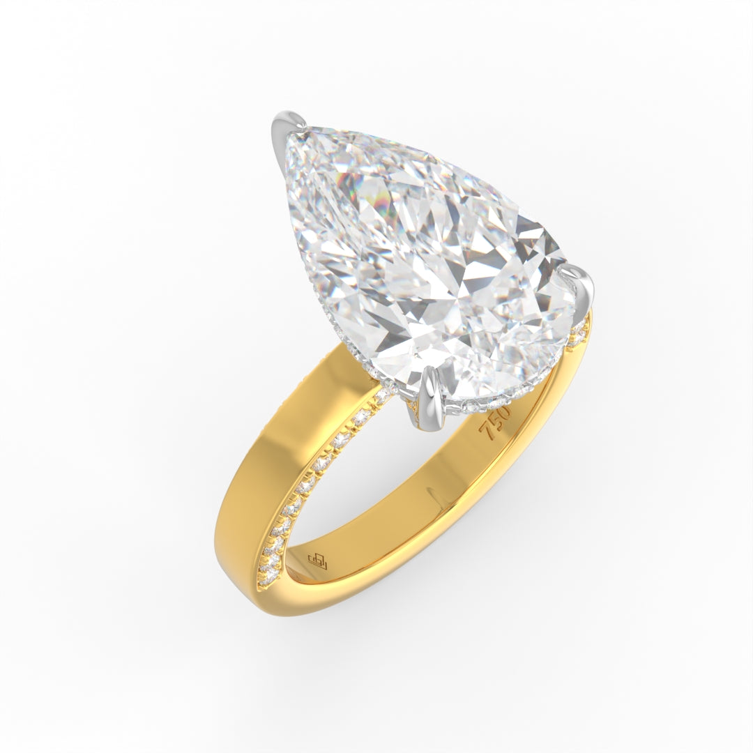 Celeste Pear cut Lab Diamond with Cigar band and half set Diamond sides & hidden halo