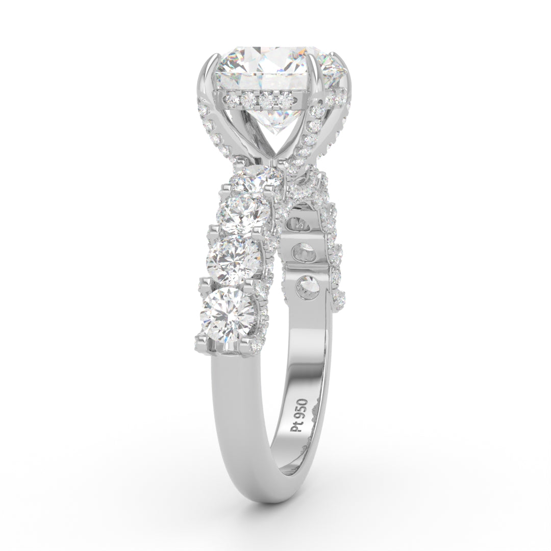 Juliette Round Lab-Grown Diamond Engagement Ring featuring a Half-Set Diamond Band, Hidden Halo, and Pavé U-Shaped Prong Setting
