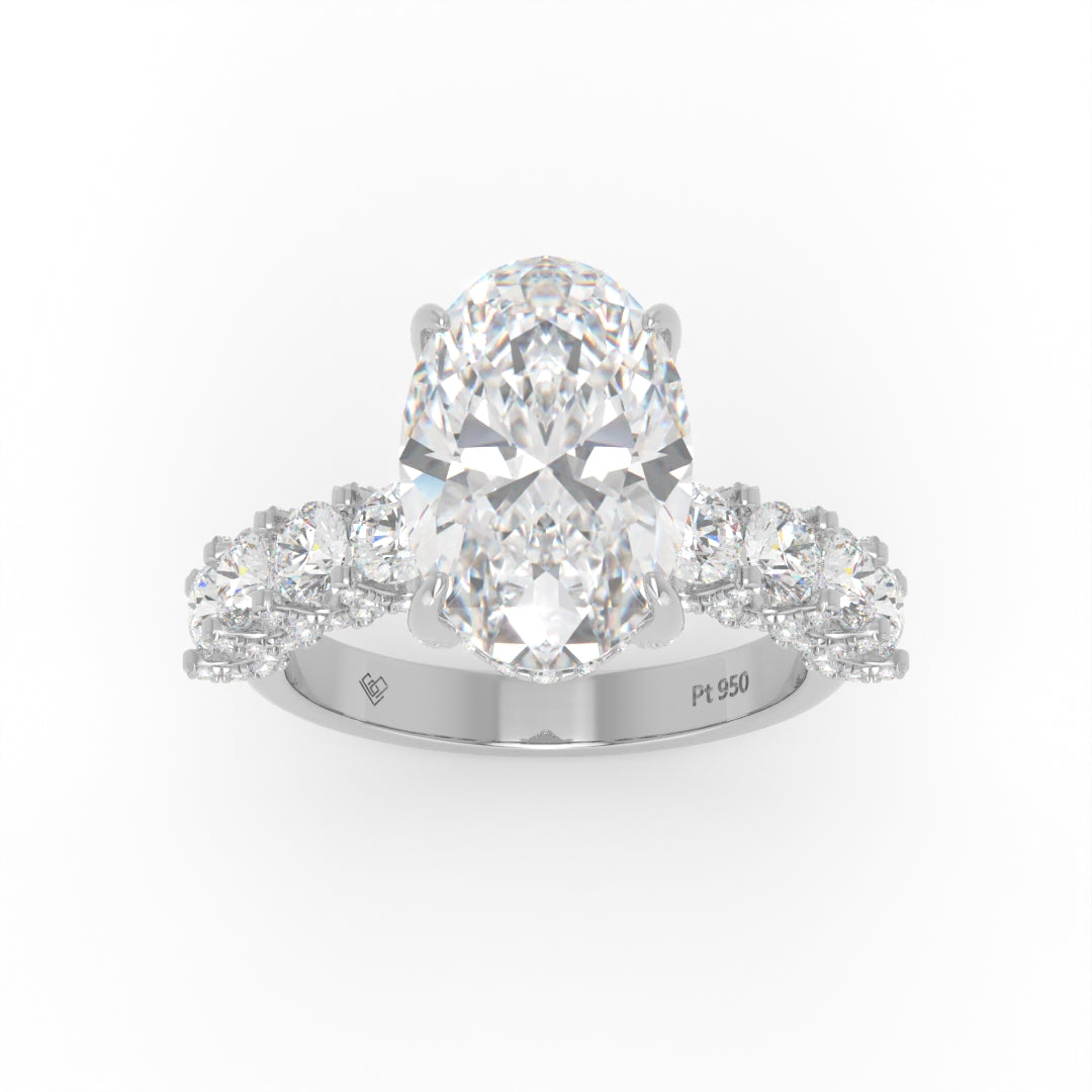 Juliette Oval Lab-Grown Diamond Engagement Ring featuring a Half-Set Diamond Band, Hidden Halo, and Pavé U-Shaped Prong Setting
