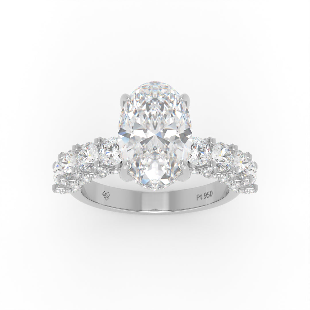 Juliette Oval Lab-Grown Diamond Engagement Ring featuring a Half-Set Diamond Band, Hidden Halo, and Pavé U-Shaped Prong Setting