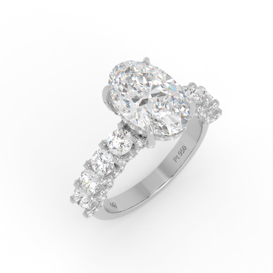 Juliette Oval Lab-Grown Diamond Engagement Ring featuring a Half-Set Diamond Band, Hidden Halo, and Pavé U-Shaped Prong Setting
