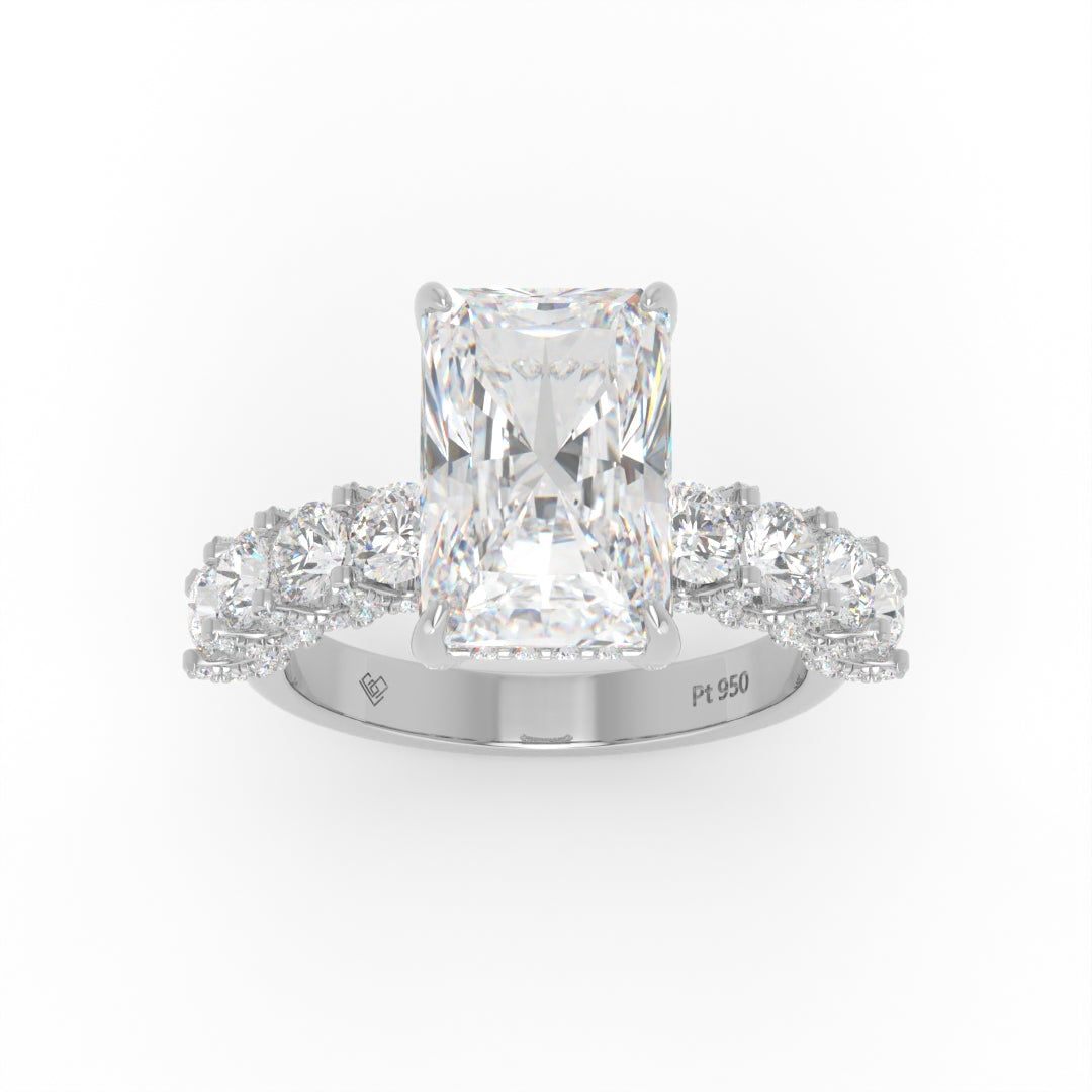 Juliette Radiant Lab-Grown Diamond Engagement Ring featuring a Half-Set Diamond Band, Hidden Halo, and Pavé U-Shaped Prong Setting