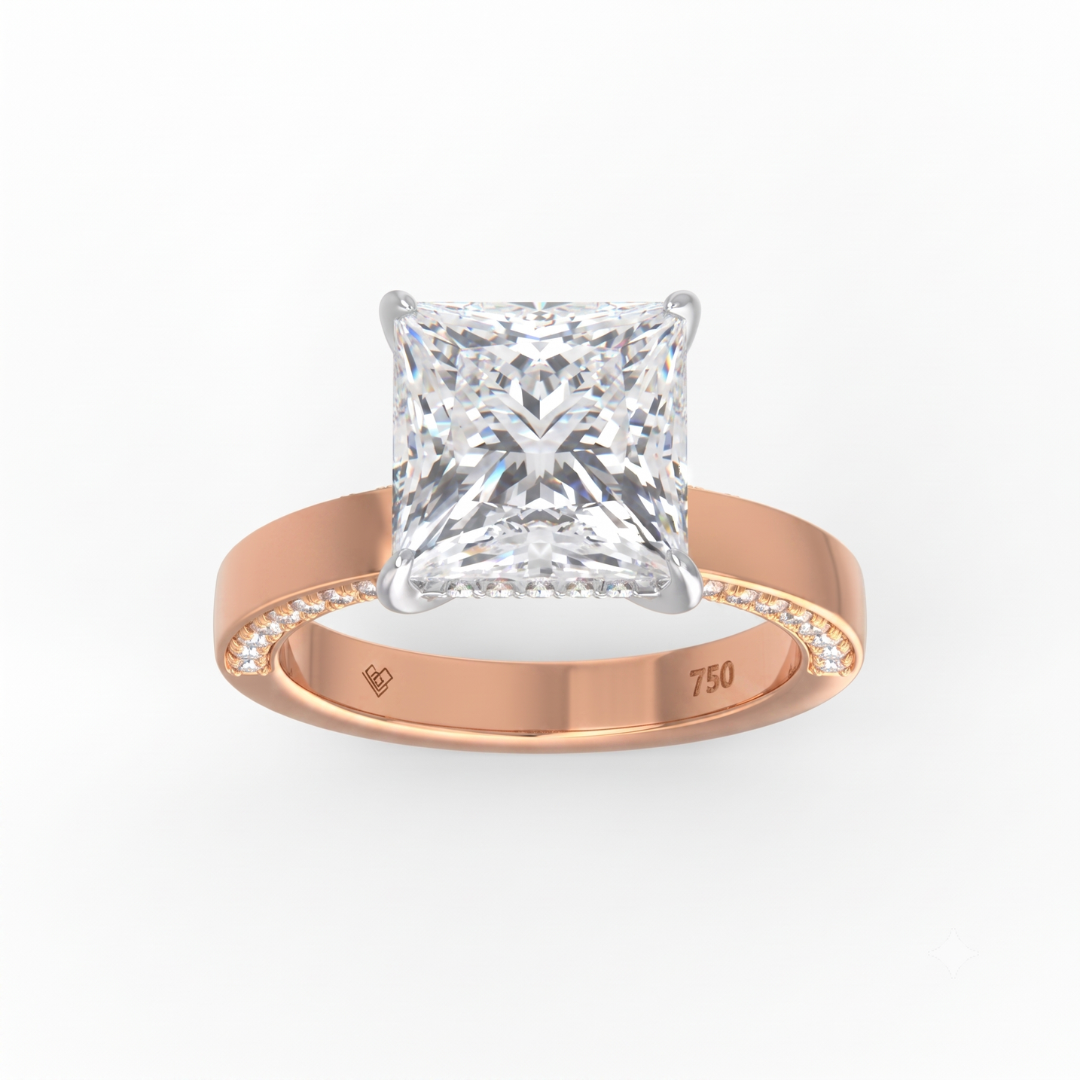 Celeste Princess cut Lab Diamond with Cigar band and half set Diamond sides & hidden halo