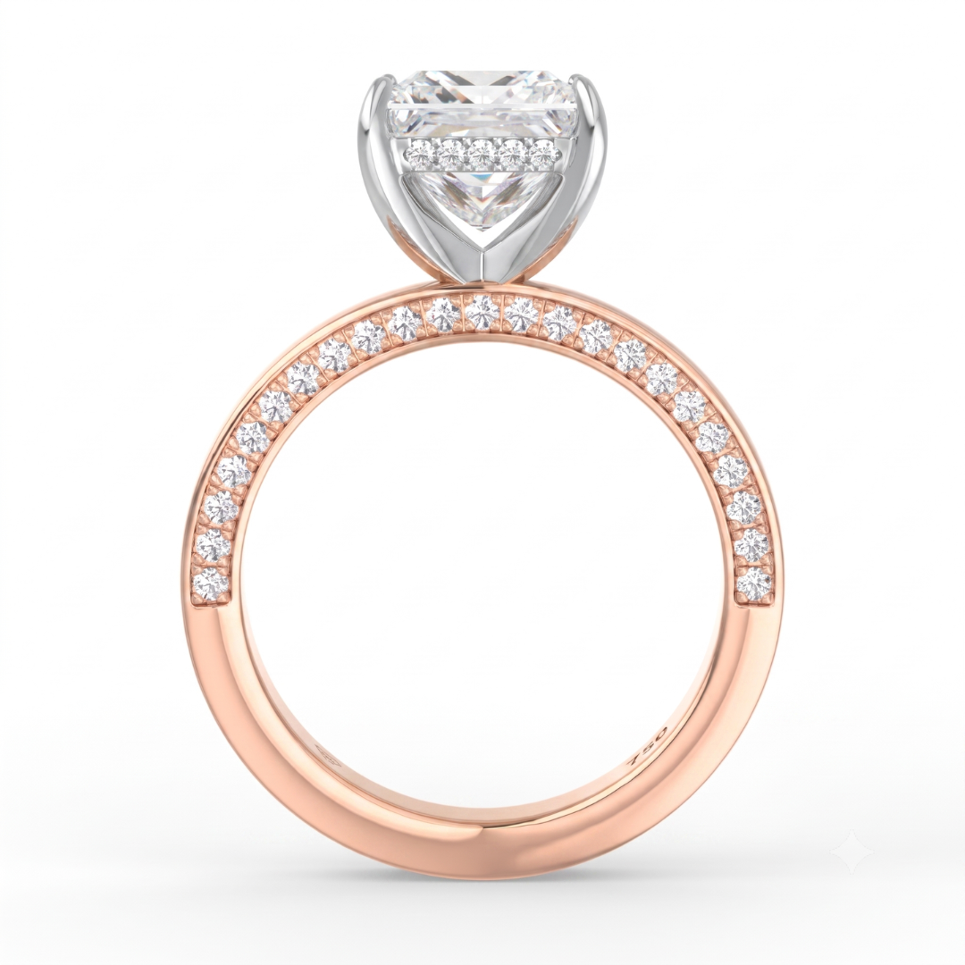 Celeste Princess cut Lab Diamond with Cigar band and half set Diamond sides & hidden halo