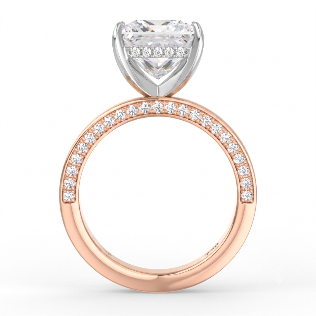 Celeste Princess cut Lab Diamond with Cigar band and half set Diamond sides & hidden halo
