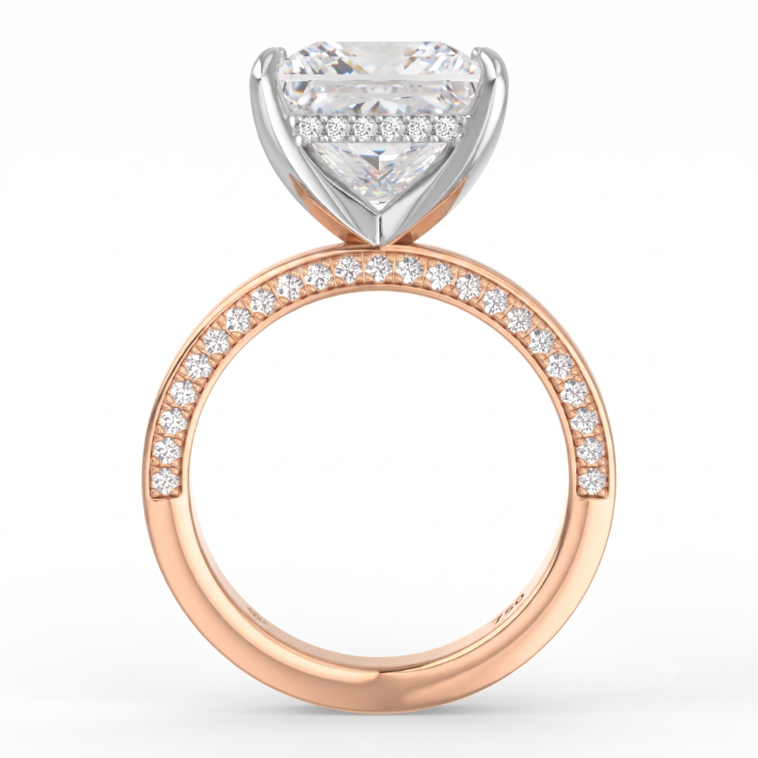 Celeste Princess cut Lab Diamond with Cigar band and half set Diamond sides & hidden halo