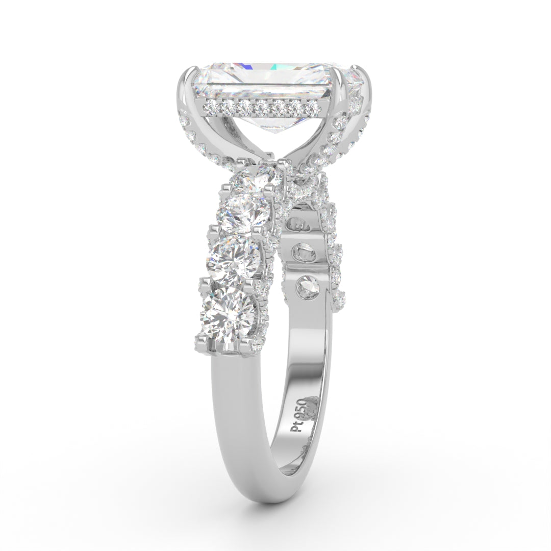 Juliette Radiant Lab-Grown Diamond Engagement Ring featuring a Half-Set Diamond Band, Hidden Halo, and Pavé U-Shaped Prong Setting