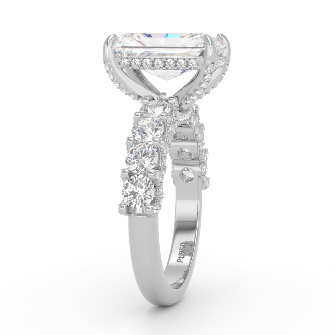 Juliette Radiant Lab-Grown Diamond Engagement Ring featuring a Half-Set Diamond Band, Hidden Halo, and Pavé U-Shaped Prong Setting